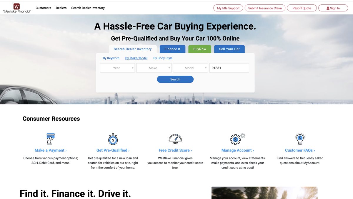 Westlake Financial website screenshot